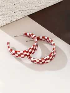 Unwind by Yellow Chimes Red & White Contemprory Half Hoop Earrings