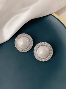 Unwind by Yellow Chimes Silver-Toned White Pearl & Crystal Studded Circular Stud Earrings