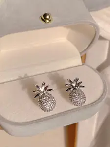 Yellow Chimes Silver-Toned Pineapple Fruit Designed Studs Earrings