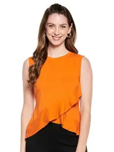 UNMADE Orange Solid High-Low Layered Ruffle Top