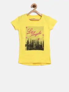 Palm Tree Girls Yellow Printed Pure Cotton Top