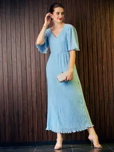 Athena Blue Striped V-Neck Pleated Maxi Dress