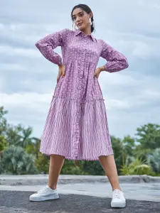 Athena Women Purple Ethnic Motifs Striped Cotton A-Line Midi Dress