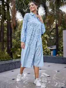 Athena Blue Printed Panelled Shirt Midi Lenght Dress
