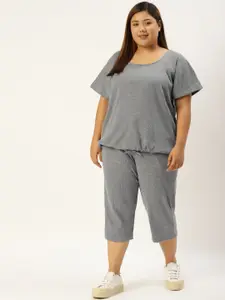 theRebelinme Women Plus Size Charcoal Grey Ribbed Top & Capri Set