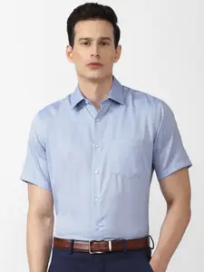 Van Heusen Men Blue Cotton Formal Short Sleeves Spread Collar Shirt