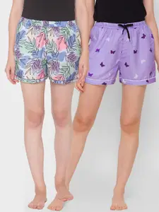 FashionRack Women Pack Of 2 Blue & Purple Printed Lounge Shorts
