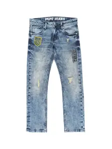 Pepe Jeans Boys Blue Cotton Slim Fit Mildly Distressed Heavy Fade Stretchable Jeans