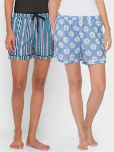 FashionRack Women Pack Of 2 Blue & Navy Blue Printed Lounge Shorts