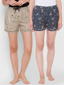 FashionRack Women  Pack of 2 Beige & Navy Blue Printed Cotton Lounge Shorts