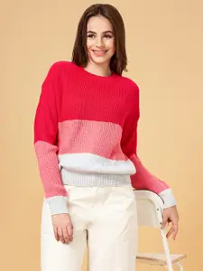 Honey by Pantaloons Women Pink & White Colourblocked Pullover Sweater