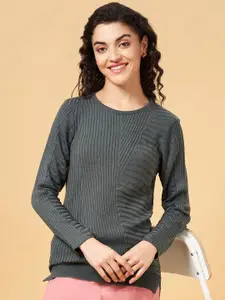 Honey by Pantaloons Women Grey Cable Knit Striped Pullover Sweater