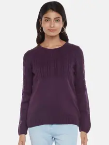 Honey by Pantaloons Women Purple Cable Knit Pullover Sweater