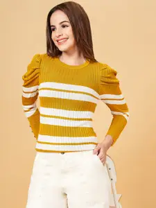 Honey by Pantaloons Women Mustard & White Cable Knit Striped Pullover