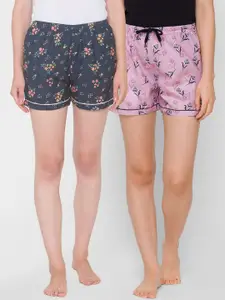 FashionRack Women Navy Blue & Pink Set of 2 Printed Lounge Shorts