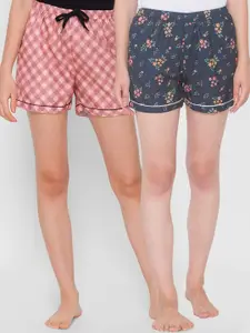 FashionRack Women Navy Blue & Brown Set of 2 Printed Lounge Shorts