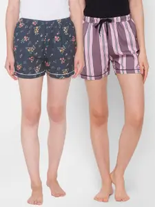 FashionRack Women Pack of 2 Navy Blue & Purple Printed Cotton Lounge Shorts