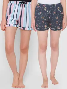 FashionRack Women Pack of 2 Navy Blue & Pink Printed Cotton Lounge Shorts