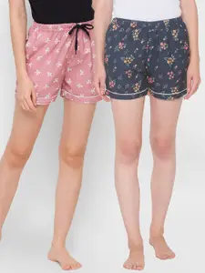 FashionRack Women Pack of 2 Pink & Navy Blue Printed Cotton Lounge Shorts