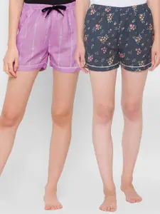 FashionRack Women Pack of 2 Pink & Navy Blue Printed Cotton Lounge Shorts