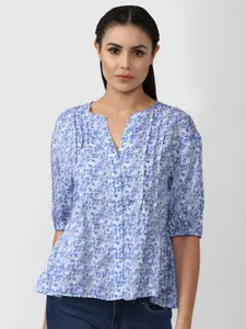 Van Heusen Woman Blue & White Floral Print Shirt Style Top