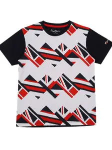 Pepe Jeans Boys White & Red Geometric Printed T-shirt
