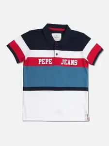 Pepe Jeans Boys Blue & White Colourblocked Polo Collar T-shirt
