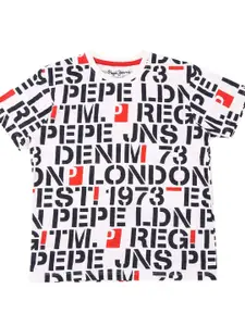 Pepe Jeans Boys White & Black Typography Printed T-shirt