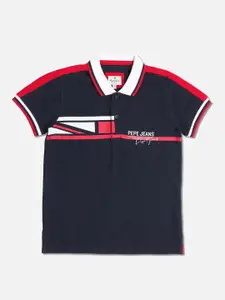 Pepe Jeans Boys Navy Blue Striped Polo Collar Regular Fit T-shirt