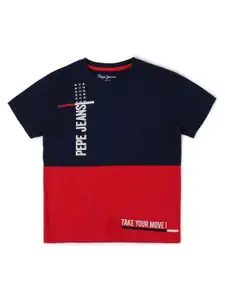 Pepe Jeans Boys Navy Blue & Red Colourblocked Regular Fit T-shirt