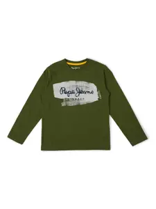 Pepe Jeans Boys Olive Green Typography Printed  Regular Fit T-shirt