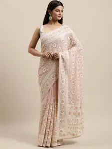 MOHEY Dusty Pink & White Ethnic Embroidered Pure Georgette Heavy Work Saree