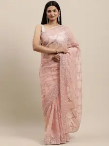 MOHEY Pink Embellished Beads and Stones Organza Saree