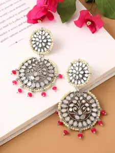 Yellow Chimes Silver-Toned Long Mirror Studded Pearl Drop Dangler Earrings