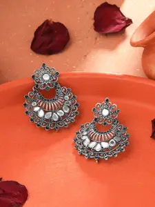 Yellow Chimes Women Silver-Plated Floral Designed Mirror Studded Chandbalis Earrings
