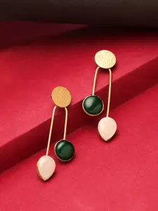 Yellow Chimes Gold-Plated Dual Linear Long Green and White Stone Studded Dangler Earrings