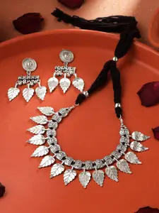 Yellow Chimes Silver-Plated Oxidised Leaflet Designed Vintage Necklace Set