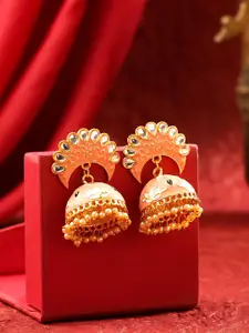 Yellow Chimes Peach-Coloured Pearl and Stone Studded Meenakari Jhumka Earrings
