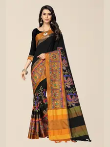 SERONA FABRICS Black & Green Embellished Embroidered Silk Cotton Saree With Blouse Piece