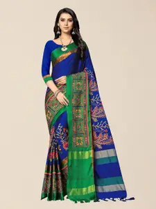 SERONA FABRICS Blue & Green Embellished Embroidered Silk Cotton Saree With Blouse Piece
