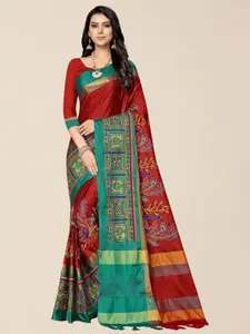SERONA FABRICS Red & Green Embellished Embroidered Silk Cotton Saree With Blouse Piece