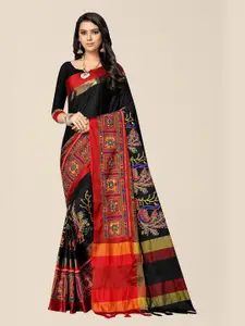 SERONA FABRICS Black & Red Embellished Embroidered Silk Cotton Saree With Blouse Piece