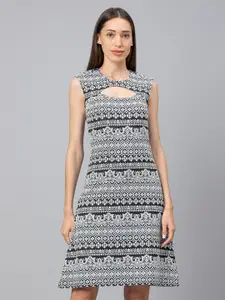 Globus Black & Grey Tribal Keyhole Printed  Neck A-Line Dress