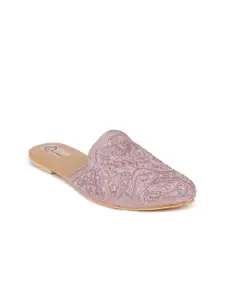 The Desi Dulhan Women Pink Textured Ethnic Mules with Embroidered Flats