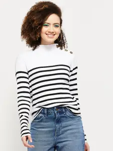 max Women White & Black Striped Pullover