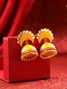 Yellow Chimes Yellow Pearl and Stone Studded Meenakari Jhumka Earrings