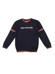 Pepe Jeans Boys Navy Blue Typography Printed Pullover