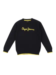 Pepe Jeans Boys Navy Blue Typography Printed Cotton Pullover