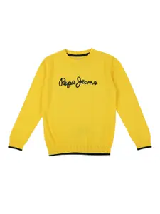 Pepe Jeans Boys Gold-Toned & Black Typography Sweater Vest with Embroidered Detail