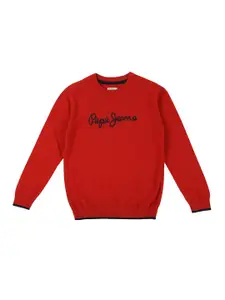 Pepe Jeans Boys Red & Black Typography Printed Cotton Pullover